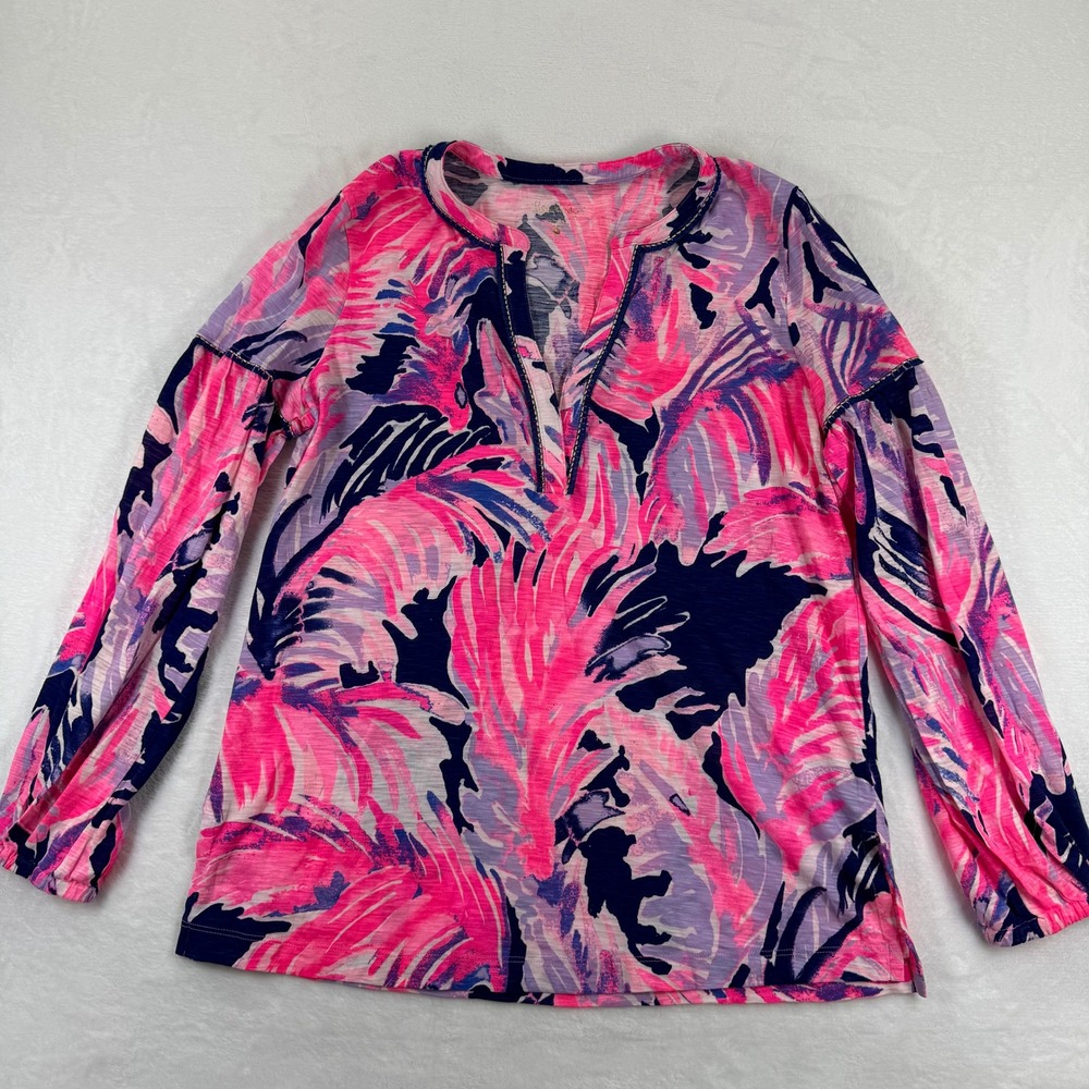 Lilly Pulitzer‎ Skipper Popover Top Pink Purple Palm Print Cotton Womens Medium